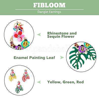 3 пара двухцветных сережек-гвоздиков с подвесками в виде цветов и листьев со стразами EJEW-FI0003-21-1