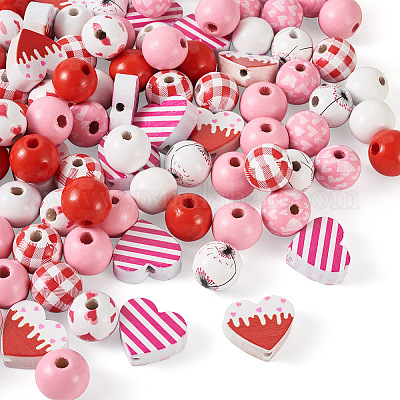 120Pcs Valentine's Day Painted Natural Wood Bead Round Heart Mixed