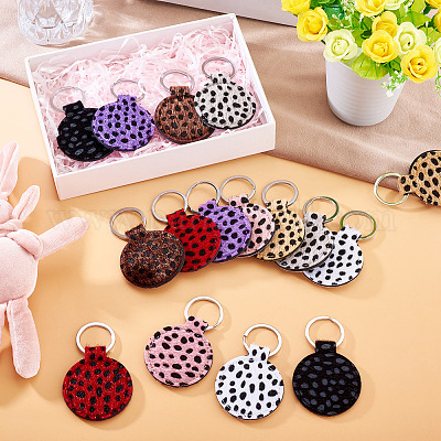 16 шт. 8-цветные плоские круглые брелки из искусственной кожи с леопардовым узором KEYC-TA0001-37-1