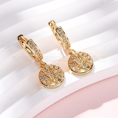 Плоские круглые серьги-кольца с микропаве из латуни и прозрачными кубическими циркониями EJEW-F384-10G-1