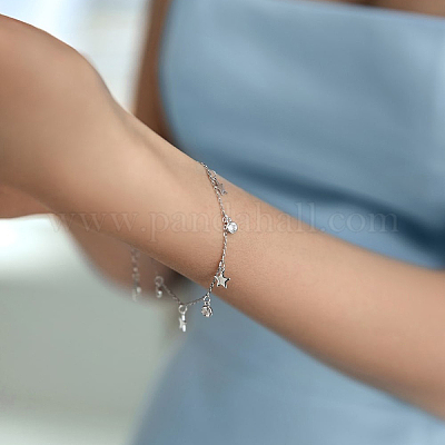 Браслеты из стерлингового серебра с микропаве из прозрачных кубических цирконий со звездами и круглыми подвесками XB3550-1-1