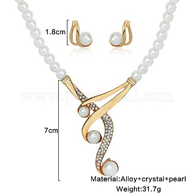 Ожерелья и серьги-гвоздики из сплава хрустальных страз и пластиковых искусственных жемчужин с круглыми бусинами FS-WG9180D-01-1