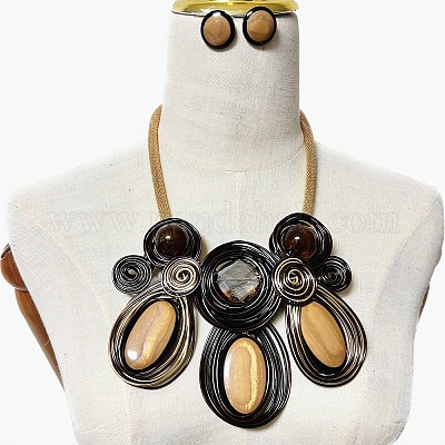 Ожерелья с подвесками в виде овальных бусин из алюминиевой проволоки и комплекты плоских круглых серег-гвоздиков WG92AA6-01-1