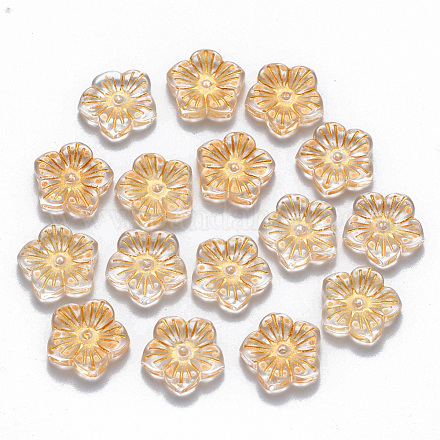 透明なスプレー塗装ガラスビーズ  ゴールドインレイカラー  花  透明  12.5x13x3mm  穴：1mm GLAA-T016-16A-1