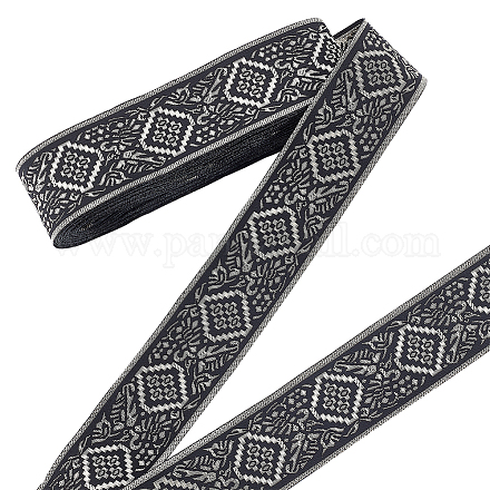 エスニック風刺繍ポリエステルリボン  ジャカードリボン  服飾材料  ブラック  フラット  菱形模様  1-5/8インチ（40mm） OCOR-WH0060-41A-1