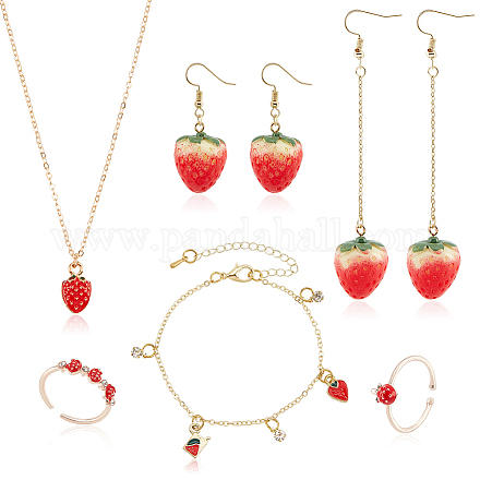 Anattasoul fraise laiton émail pendentif collier et boucles d'oreilles et anneau de manchette ouvert et bracelet à breloques ensembles de bijoux SJEW-AN0001-35-1