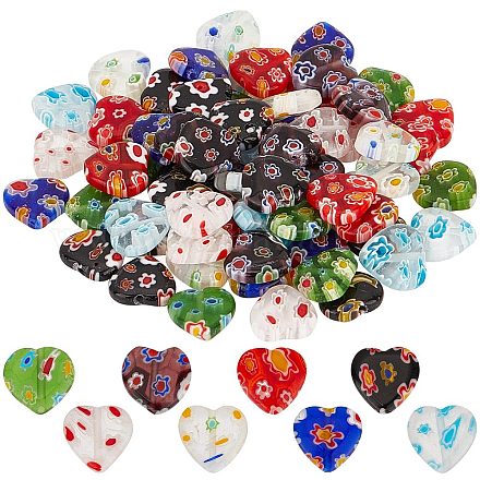 Sunnyclue 1 boîte de 80 perles en forme de cœur en verre faites à la main millefiori en forme de fleur au chalumeau pour la Saint-Valentin - Perles en forme de cœur rouge pour la fabrication de bijoux LAMP-SC0001-20-1
