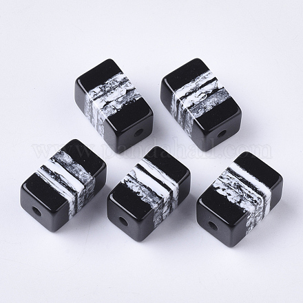 ストライプ柄樹脂ビーズ  長方形  ブラック＆ホワイト  19.5x12x12mm  穴：2.5mm RESI-T039-022-1