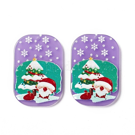 クリスマス半透明プリント アクリル ペンダント  サンタクロースとツリーのある長方形の八角形  紫色のメディア  39x26x2.5mm  穴：1.5mm SACR-G019-B01-1