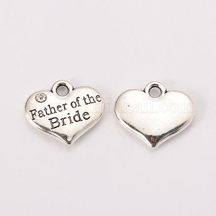 Wedding Theme Antique Silver Tone Tibetan Style Alloy Heart with Father of the Bride Rhinestone Charms TIBEP-N005-19C-1