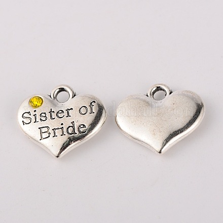 Wedding Theme Antique Silver Tone Tibetan Style Heart with Sister of Bride Rhinestone Charms TIBEP-N005-06E-1