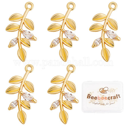 Beebeecraft 10 unids/caja de colgantes de hojas de latón chapado en oro de 18 quilates con circonita cúbica transparente para manualidades KK-BBC0002-70-1