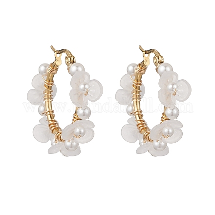 Серьги-кольца с цветочным узором из ракушечного жемчуга и акриловых бусин EJEW-TA00747-1