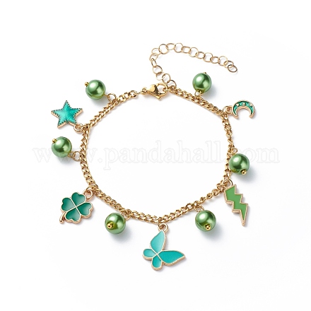 Bracelet à breloques en alliage d'émail et de perles de verre avec 304 chaîne en acier inoxydable pour femme BJEW-JB08707-05-1