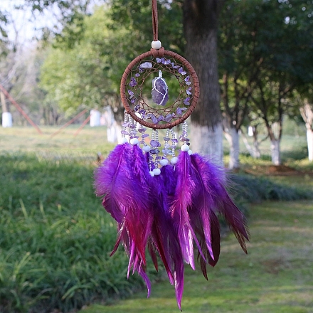 Natural Amethyst Chips Woven Net/Web with Feather Pendant Decoration WICH-PW0001-39F-1