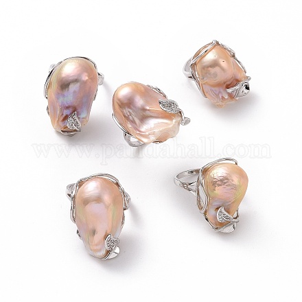 Natural Pearl Nugget with Cubic Zirconia Leaf Open Cuff Ring RJEW-P033-02P-03A-1