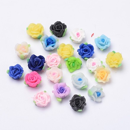 Handmade Polymer Clay 3D Flower with Leaf Beads CLAY-Q202-10mm-M-1