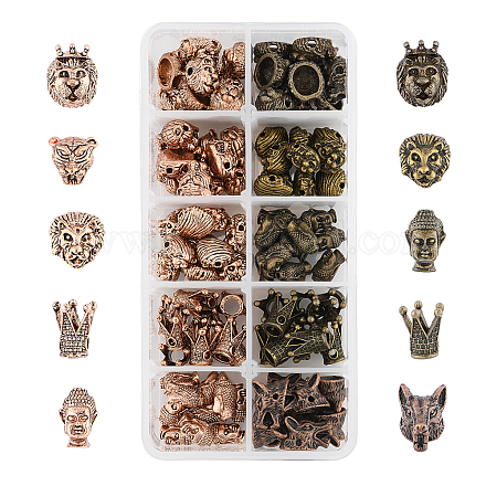 チベット風合金ビーズ  カドミウムフリー＆鉛フリー  仏と獅子の頭と王冠と獅子の頭と虎の頭とオオカミ  ミックスカラー  100個/箱 PALLOY-PH0013-72-RS-1