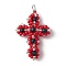 Glass Seed Beaded Cross Pendants, with 304 Stainless Steel Jump Rings Loop & Synthetic Blue Goldstone Beads, Stainless Steel Color, Red, 38x27x11mm, Hole: 4.5mm