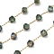 Handmade 304 Stainless Steel Glass Beads Cube Link Chains, Faceted, Long-Lasting Plated, Soldered, with Spool, Ion Plating(IP), Real 18K Gold Plated, Green, 5x5.5x4.5mm