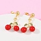 Brass Enamel Stud Earrings, Cherry, with Cubic Zirconia, Golden, 33x19.5mm