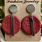 Flat Round with Rectangle Brass Polymer Clay Dangle Stud Earrings, Platinum, Red, 46mm
