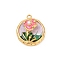 304 Stainless Steel Enamel Pendants, with ABS Imitation Pearl Finding, Ion Plating(IP), Real 18K Gold Plated, Flat Round, Flower, 24x21x9mm, Hole: 1.8mm