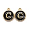 Golden Plated Alloy Charms, Cadmium Free & Lead Free, with Enamel, Enamelled Sequins, Flat Round with Letter, Black, Letter.C, 14x12x2mm, Hole: 1.5mm