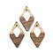 Walnut Wood Pendants, Resin and Gold foil, Rhombus, White, 47.5x25.5x3.5mm, Hole: 2mm