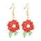 Glass Dangle Earrings, with Shell Pearl Beads and 304 Stainless Steel Earring Hooks, Flower, Red, 45~46x16mm