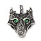 304 Stainless Steel Pendants, with Rhinestone Eyes, Wolf, Green, 49x39x7mm, Hole: 5.5X9.5mm