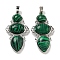 Synthetic Malachite Pendants, Rack Plating Brass Flower Charms, Cadmium Free & Lead Free, Platinum, 47x24x6.5mm, Hole: 7.5x5mm