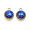 K5 Glass Pendants, Flat Round, Faceted, with Alloy Findings, Light Gold, Royal Blue, 17~17.7x14x5.2~6mm, Hole: 2mm