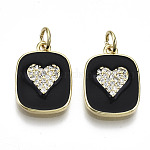 Brass Micro Pave Clear Cubic Zirconia Pendants, with Enamel and Jump Ring, Rectangle with Heart, Real 16K Gold Plated, Nickel Free, Black, 17.5x13x3mm, Jump Ring: 5x1mm, 3mm inner diameter