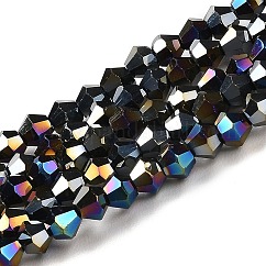 Transparentes cuentas de vidrio electroplate hebras, color de ab chapado, facetados, bicono, negro, 4x4mm, agujero: 0.8~1 mm, aproximamente 75~78 pcs / cadena, 28~29 cm