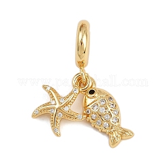 Ciondoli pendenti europei in ottone con micro pavé di zirconi chiari, ciondoli a forma di stella marina con foro grande, vero placcato oro 18k, 27.5mm, Foro: 4.7 mm
