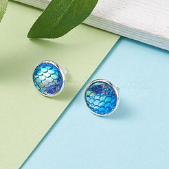 マーメイドスケールフラットラウンドスタッドピアス  女性のための真鍮のアクセサリー  ミックスカラー  15.5x13.5mm  ピン：0.7mm&nbsp;EJEW-JE04798