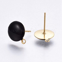 イオンプレーティング（IP）304ステンレススチールスタッドピアス金具  カン付き  エナメル  フラットラウンド  ゴールドカラー  ブラック  11x8x2mm  穴：1.5mm  ピン：0.8mm&nbsp;X-STAS-P203-A02-01