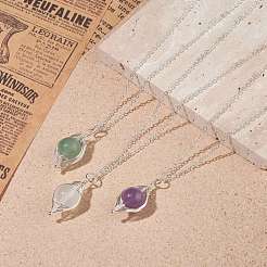 Collier pendentif rond tressé en pierre naturelle&nbsp;NJEW-JN03819-01