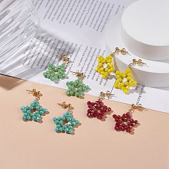 ガラス編みのペンタグラム ダングル スタッド ピアス  女性用304ステンレススチールワイヤーラップジュエリー  ミックスカラー  37mm  ピン：1mm&nbsp;EJEW-JE04901