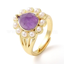 Anello regolabile a goccia con pietra preziosa mista naturale placcata ionica (ip) con perline di plastica&nbsp;RJEW-E075-01G