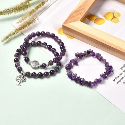 [10]代の女の子の女性のために設定された天然アメジストストレッチブレスレット  生命の木と蓮の合金のチャームブレスレット  内径：2-3/8インチ（6cm）  3個/セット&nbsp;BJEW-JB06705