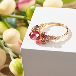 Anello per dito con perline di vetro sfaccettato placcato&nbsp;RJEW-TA00014-03