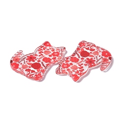 クリアアクリルパーツ  花と猫の形  ライトコーラル  38x28x2.5mm  穴：1.5mm&nbsp;LS-ENAM-D045-05E-01