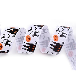 ポリエステルグログランリボン  片面印刷  ハロウィンギフトラッピング用  パーティーデコレーション  ハロウィーン模様  ホワイト  1インチ（25mm）  /ロール100ヤード（91.44メートル/ロール）&nbsp;SRIB-B002-02B-01