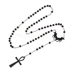 Сплав и железо анк крест сердце с крыльями летучей мыши подвеска черные круглые акриловые четки ожерелья NJEW-D335-01BP