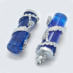 青いウォーターメロンストーンのガラスのペンダント  真鍮パーツ  ドラゴンを持つ列  プラチナ  40.5~41.5x14x15mm  穴：3.5x5mm&nbsp;G-O163-E13