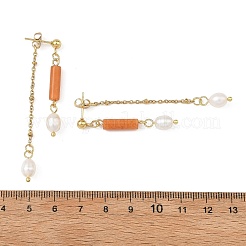 304ステンレススチールスタッドピアス  コラム  天然レッドアベンチュリンと天然パールを使用した女性用ドロップピアス  ゴールドカラー  63x4.5mm&nbsp;EJEW-JE07386-02