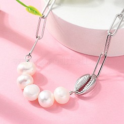 Ожерелья из ракушек из нержавеющей стали 304 и натуральных жемчужных бусин в виде скрепок для женщин&nbsp;NJEW-A045-17P
