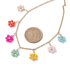 女性用ボヘミアンスタイルのステンレススチールガラスペンダントネックレス  花  カラフル  14.76インチ（37.5cm）&nbsp;NJEW-JN04654